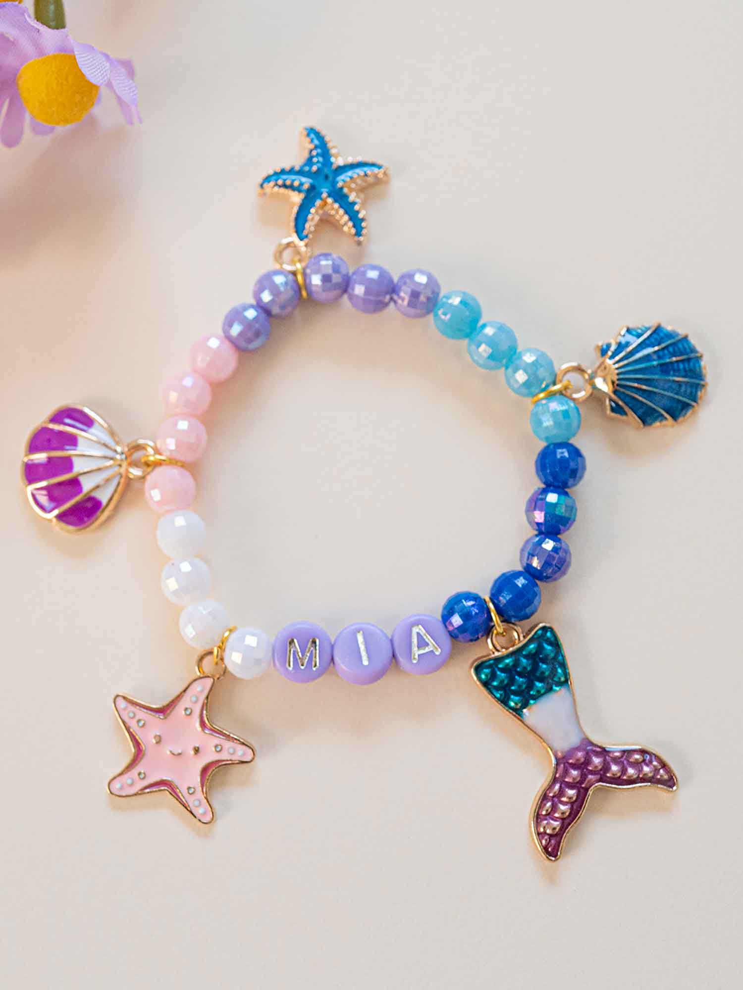 Personalized Mermaid Name Bracelet | Custom Rainbow Beaded Bracelet with Ocean Charms