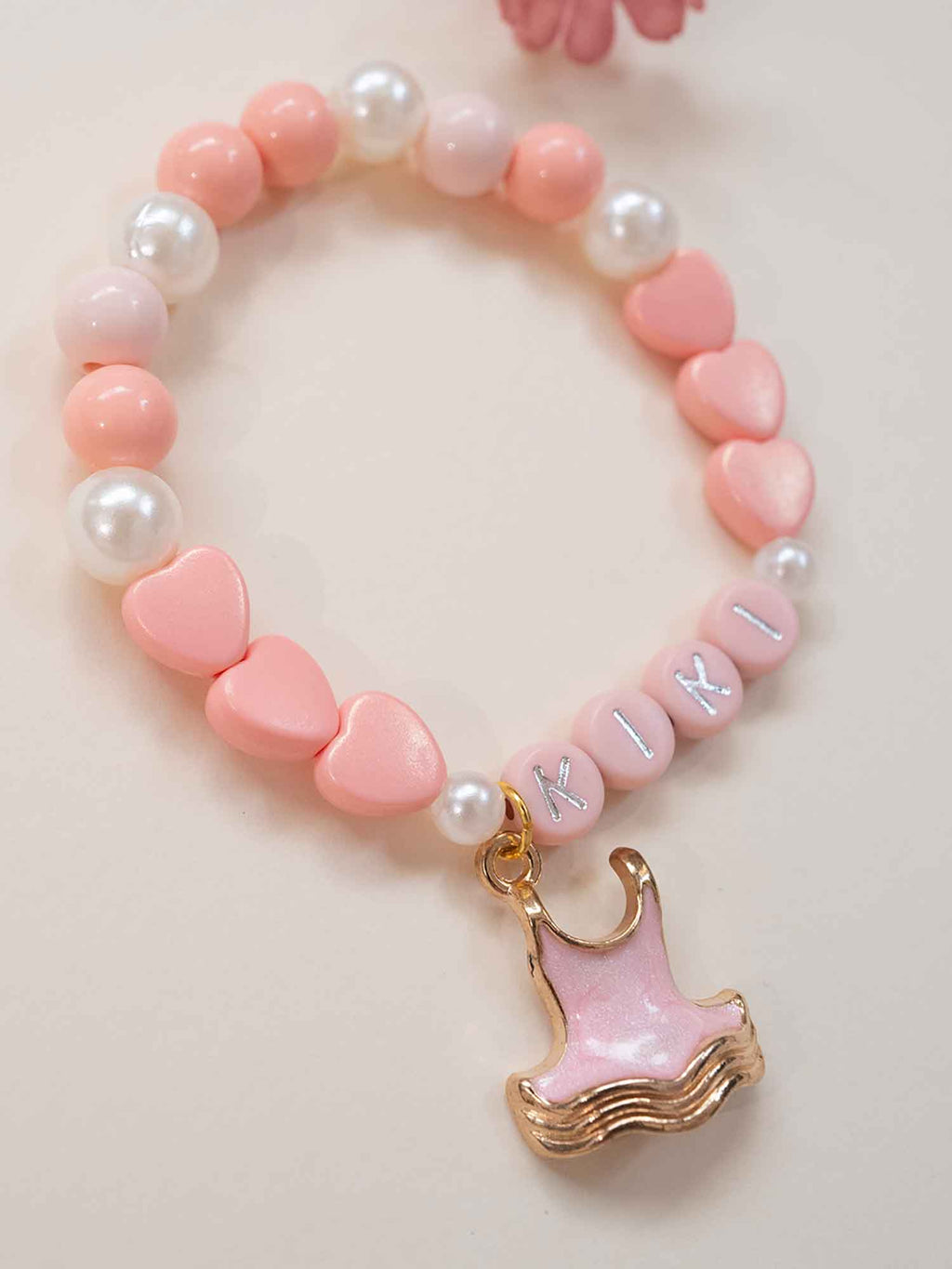 Personalized Ballet Name Bracelet | Custom Heart Pearl Beaded Bracelet with Ballet Dress Charm