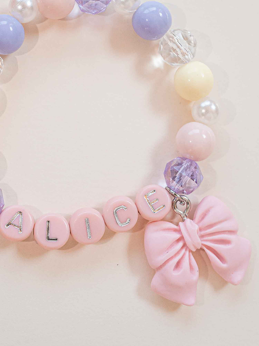 Personalized Name Bracelet | Pink Bow Charm, Pastel Beaded Custom Jewelry