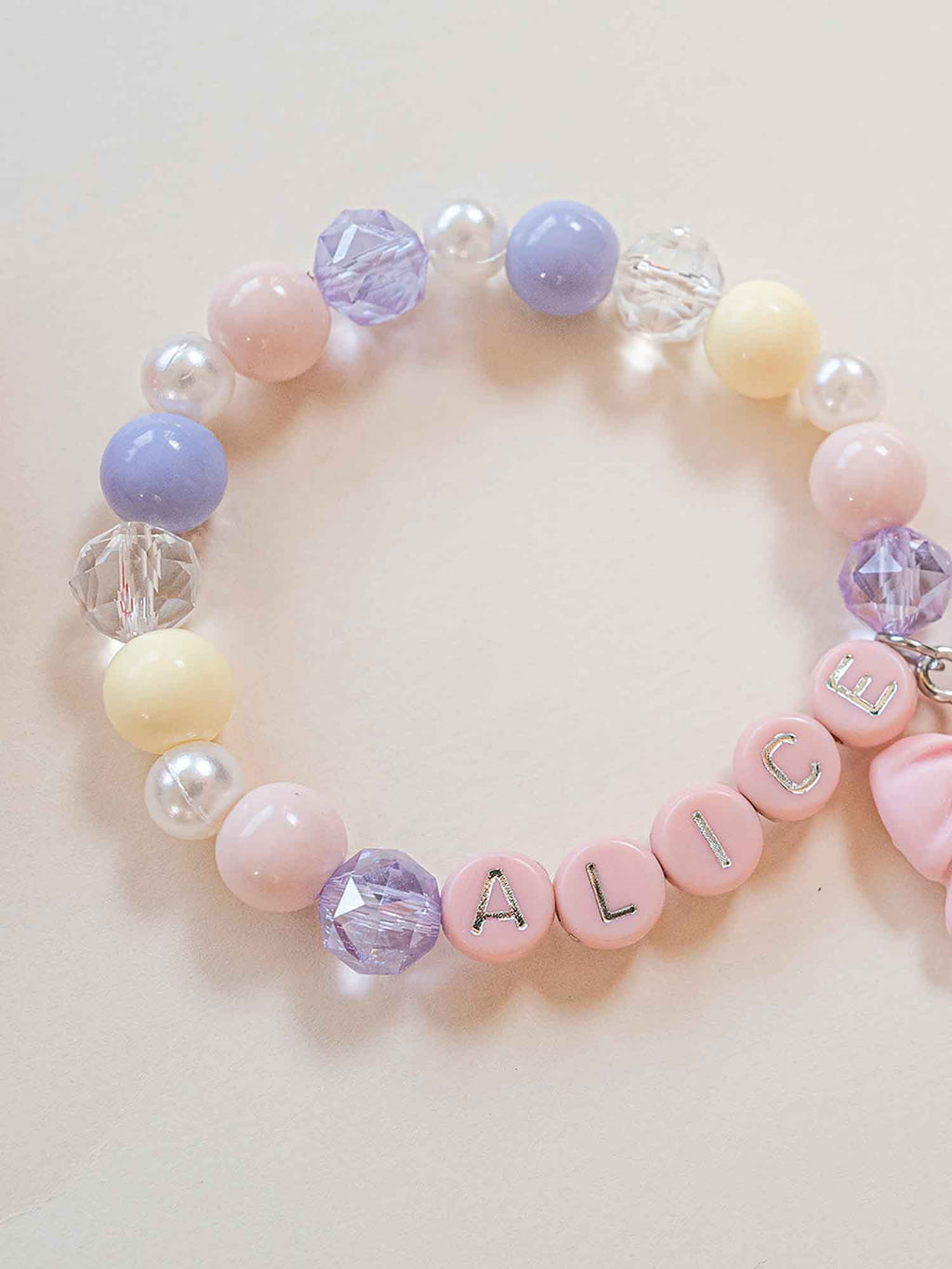 Personalized Name Bracelet | Pink Bow Charm, Pastel Beaded Custom Jewelry