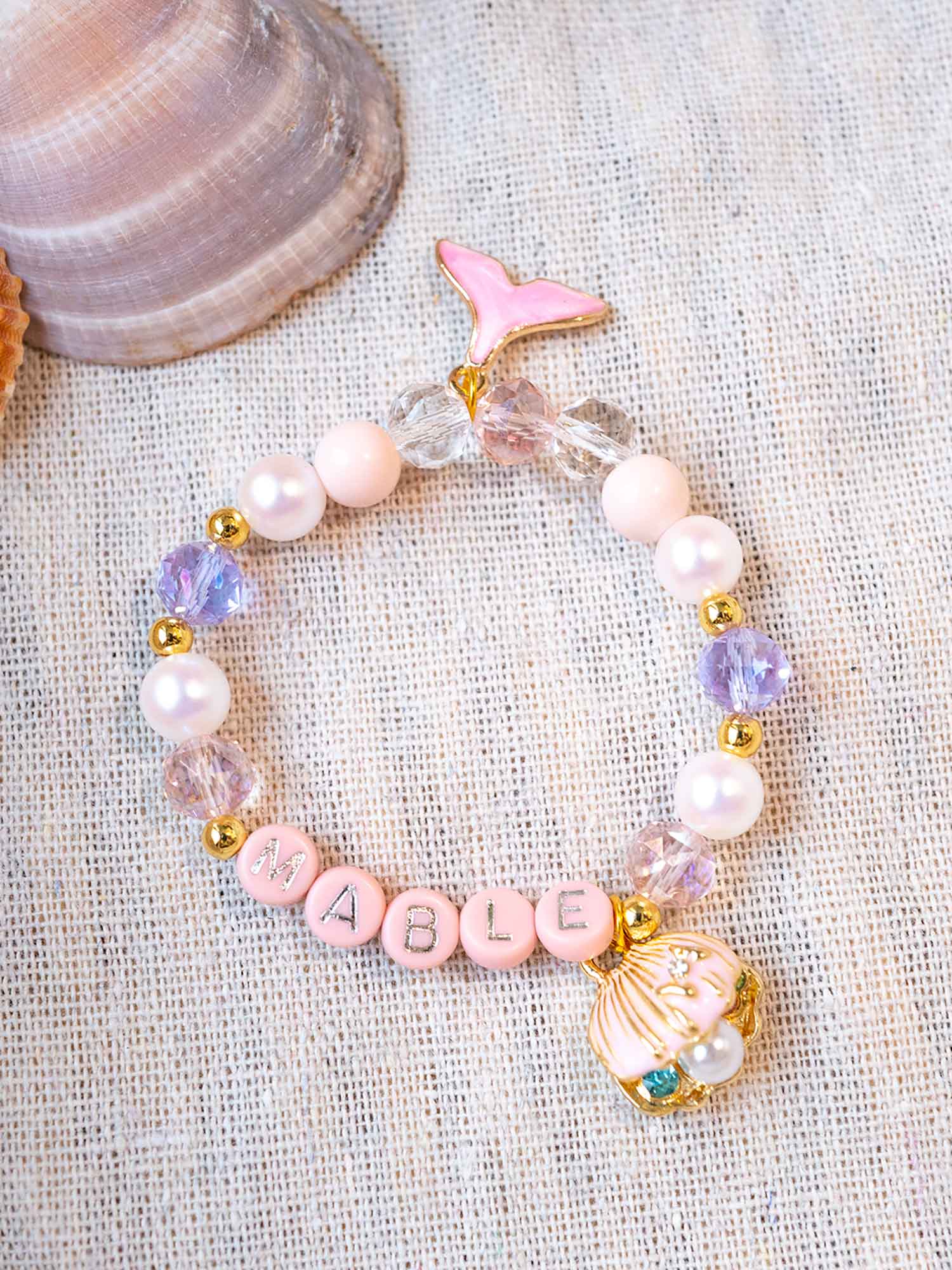 Personalized Mermaid Name Bracelet | Pink Crystal Beads & Seashell Charm, Custom Ocean Jewelry
