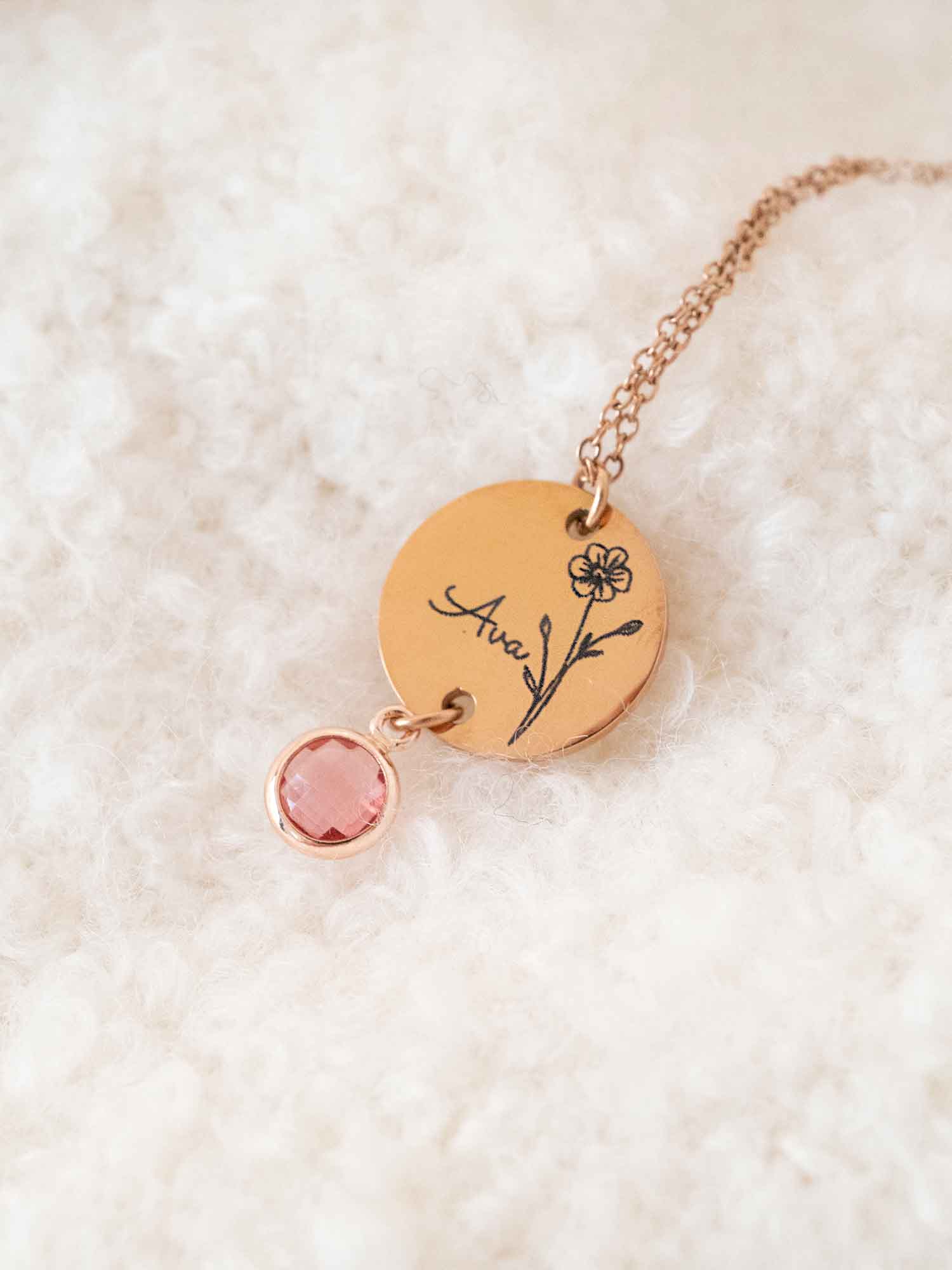 Personalized Birth Flower Necklace: Engraved Name Pendant, Birthstone Charm