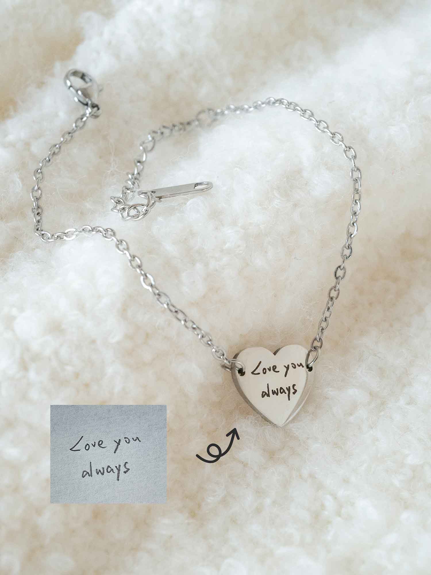 Custom Handwriting Heart Bracelet: Engraved Signature Jewelry, Memorial Gift