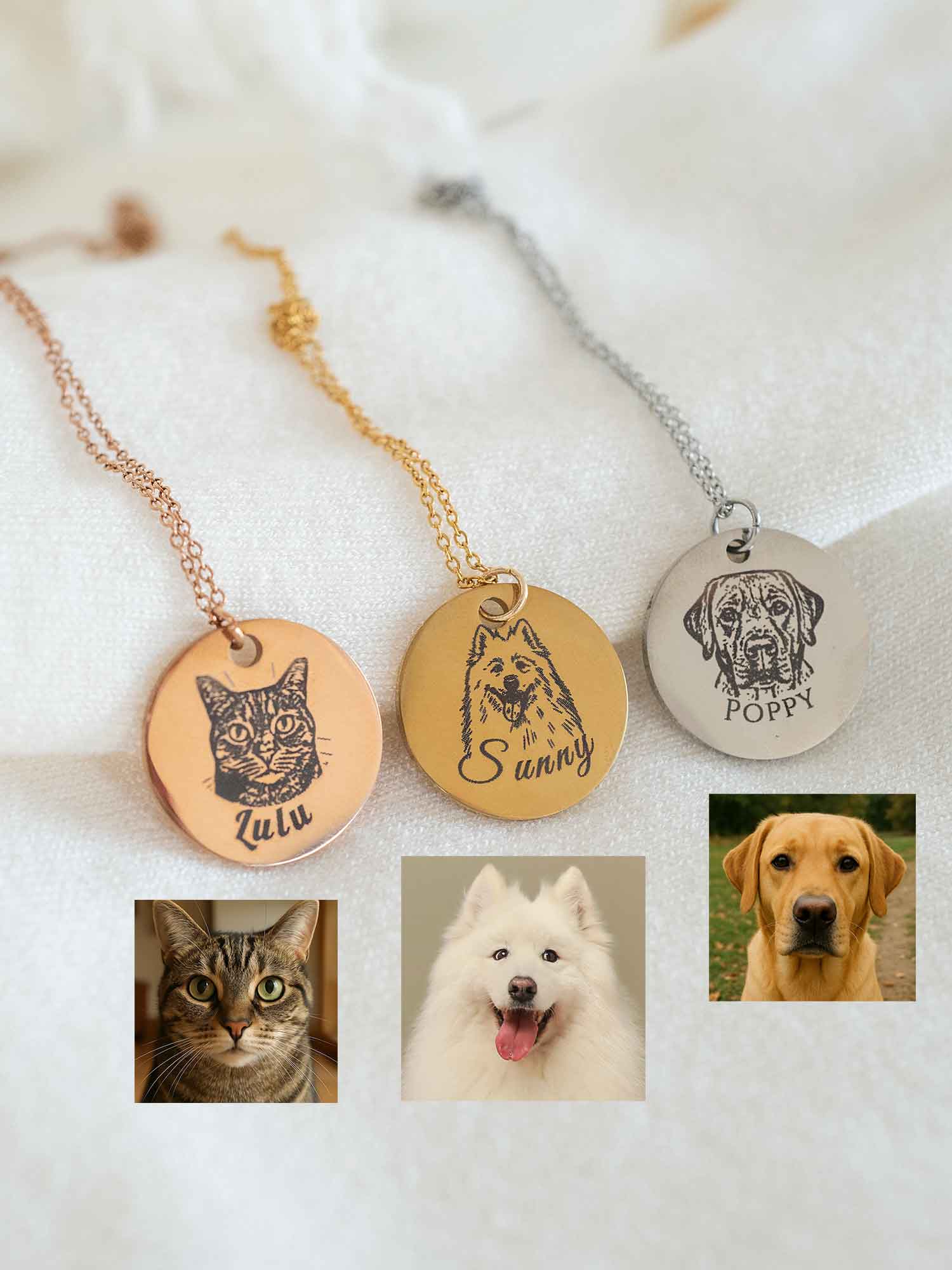 Custom Pet Portrait Necklace: Engraved Dog Cat Memorial Pendant