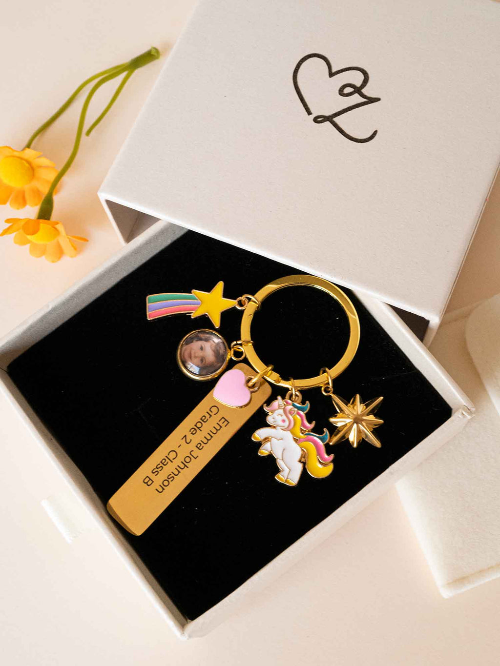 Personalized Unicorn Photo Keychain: Engraved Name,School Bag Charm