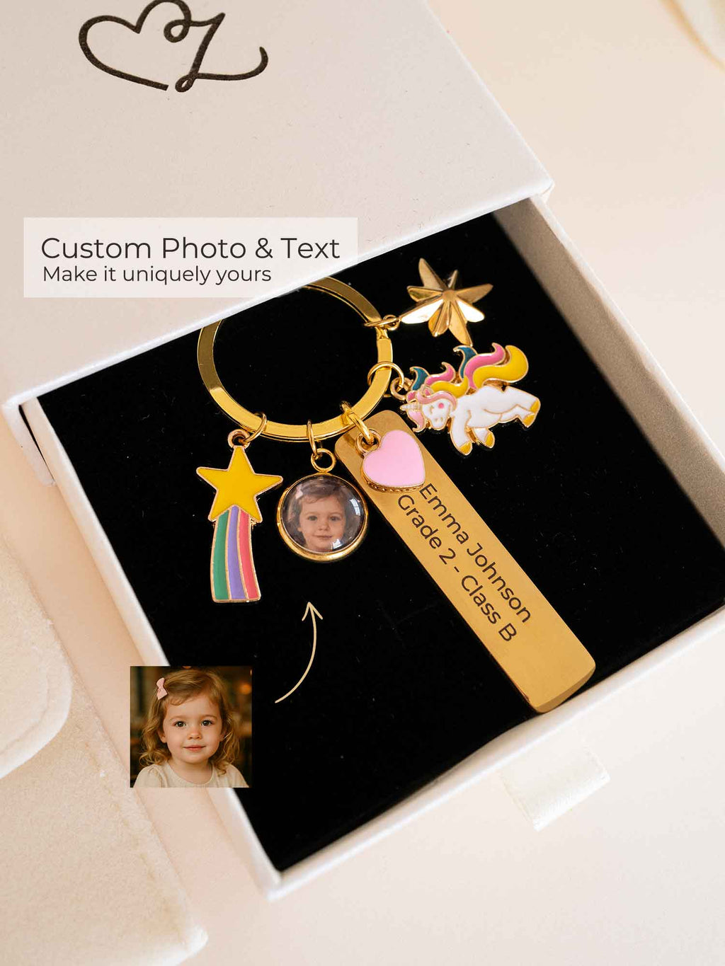 Personalized Unicorn Photo Keychain: Engraved Name,School Bag Charm