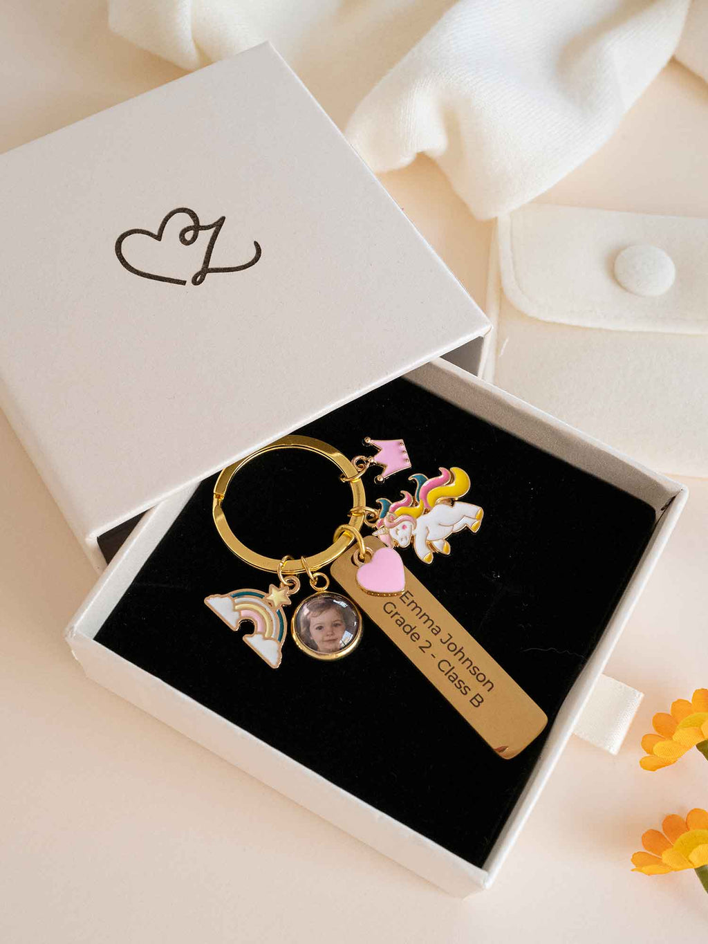 Personalized Unicorn Photo Keychain: Engraved Name,School Bag Charm