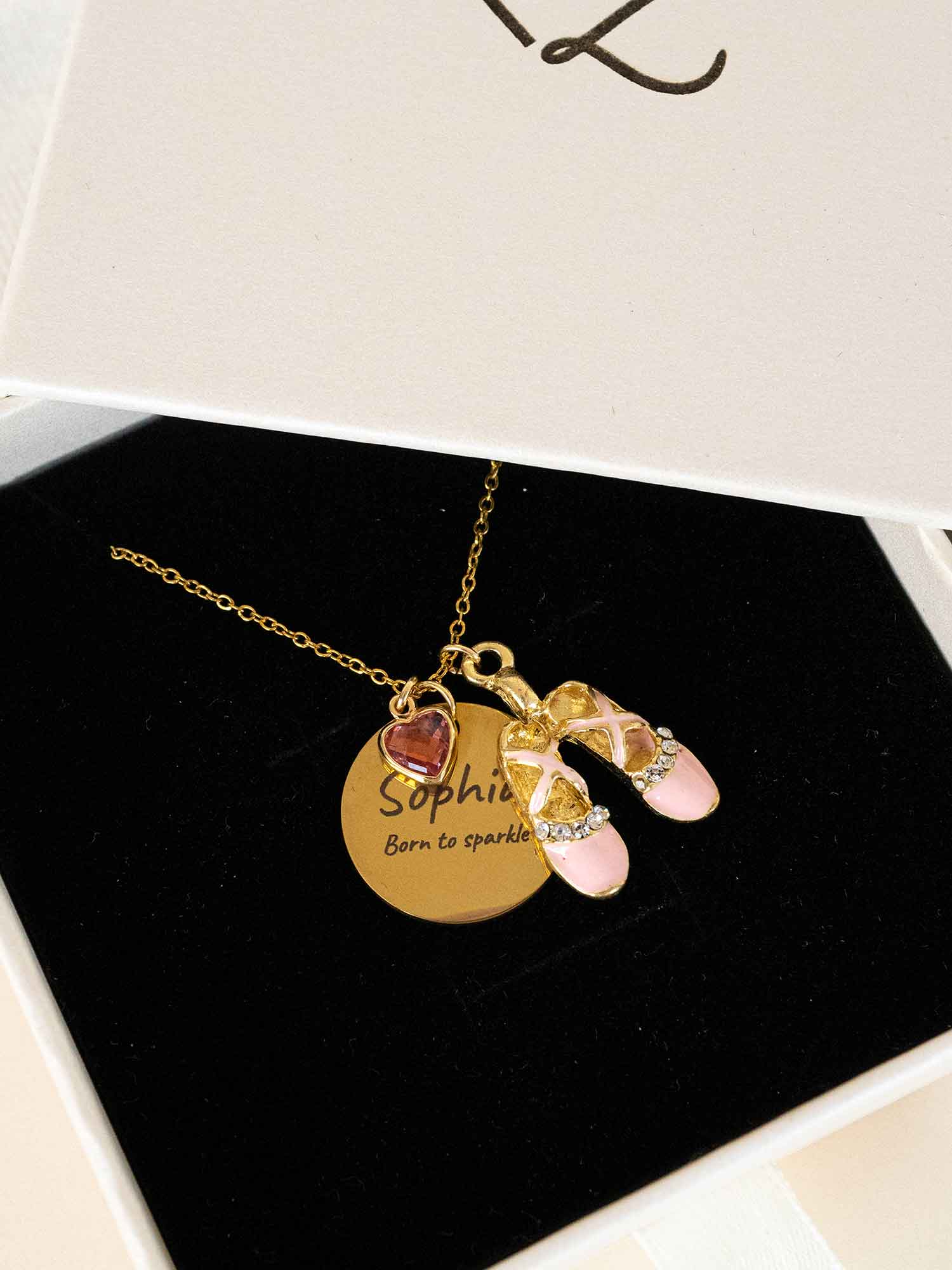 Custom Ballet Necklace with Heart Birthstone, Personalized Engraved Pendant