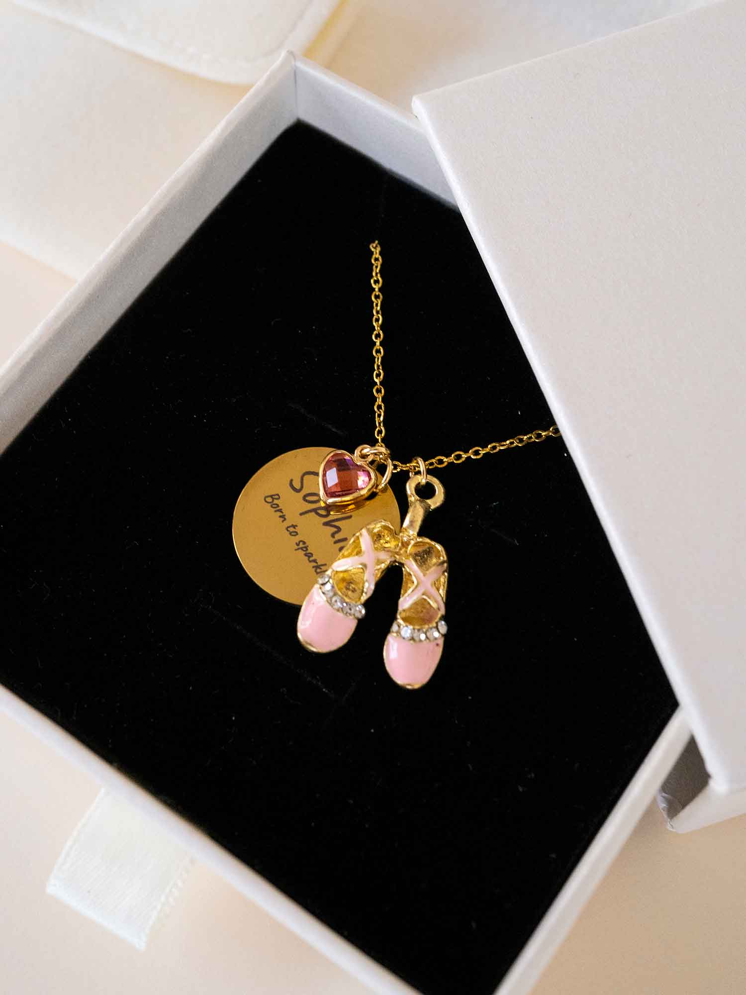 Custom Ballet Necklace with Heart Birthstone, Personalized Engraved Pendant
