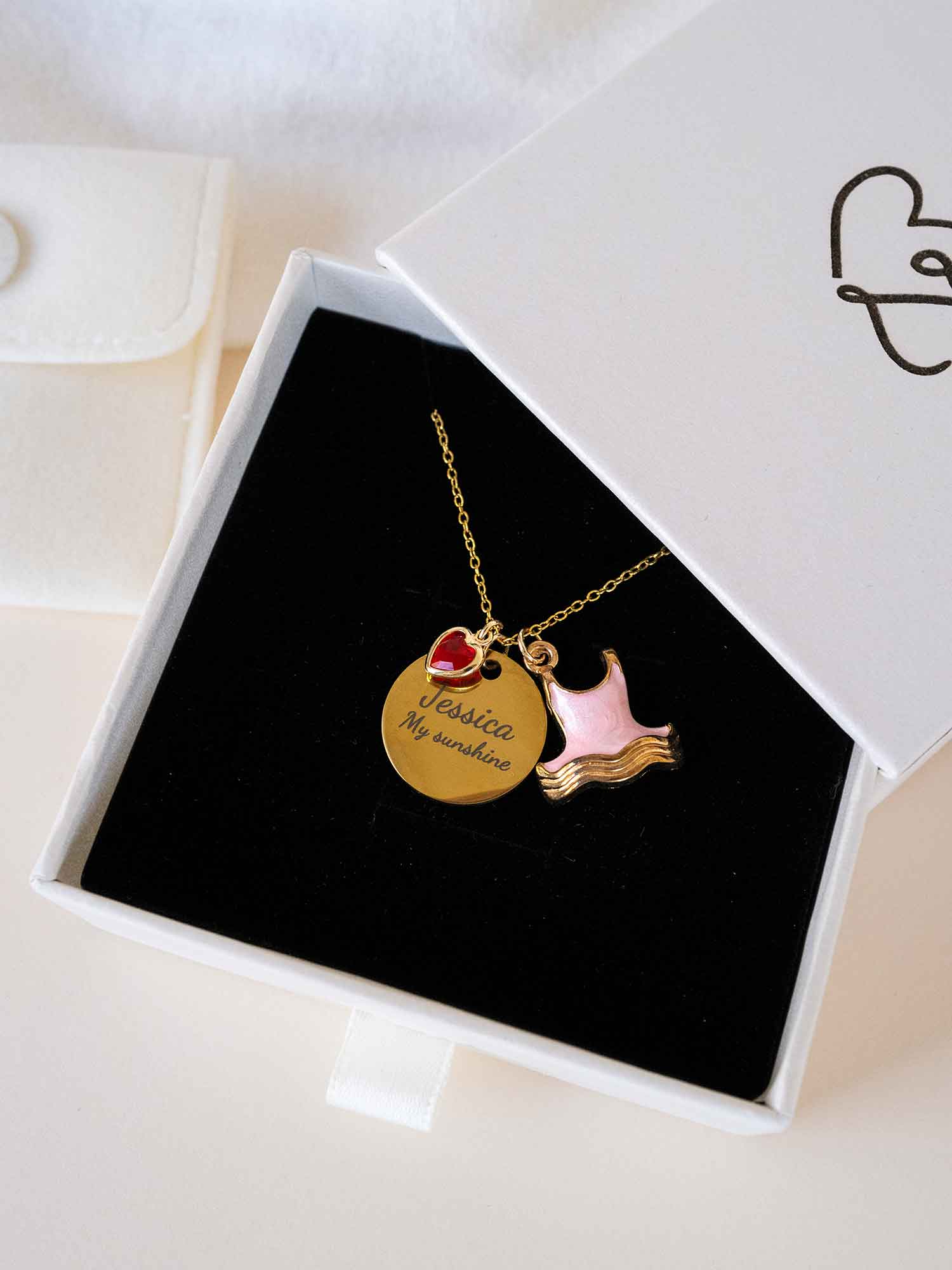 Custom Ballet Necklace with Heart Birthstone, Personalized Engraved Pendant