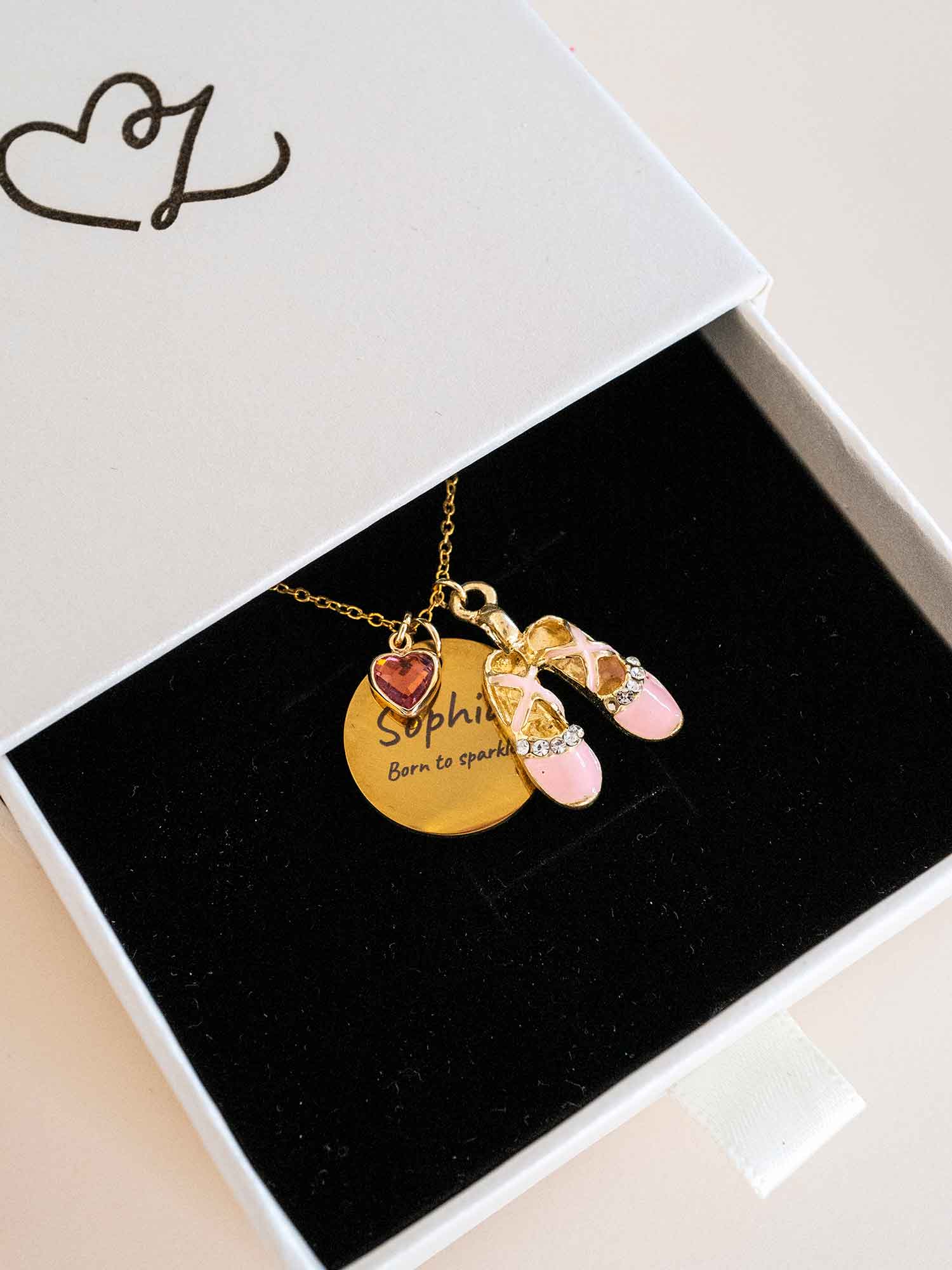 Custom Ballet Necklace with Heart Birthstone, Personalized Engraved Pendant