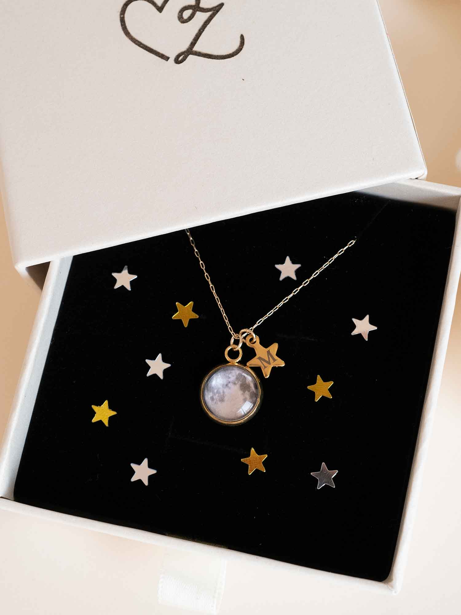 Custom Moon Phase Necklace with Initial Star Charm , Personalized Celestial Jewelry , Lunar Calendar Date necklace