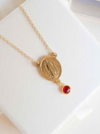 Our Lady of Guadalupe Necklace with Birthstone, Catholic Jewelry, Baptism or Communion Gift, Virgen de Guadalupe Pendant