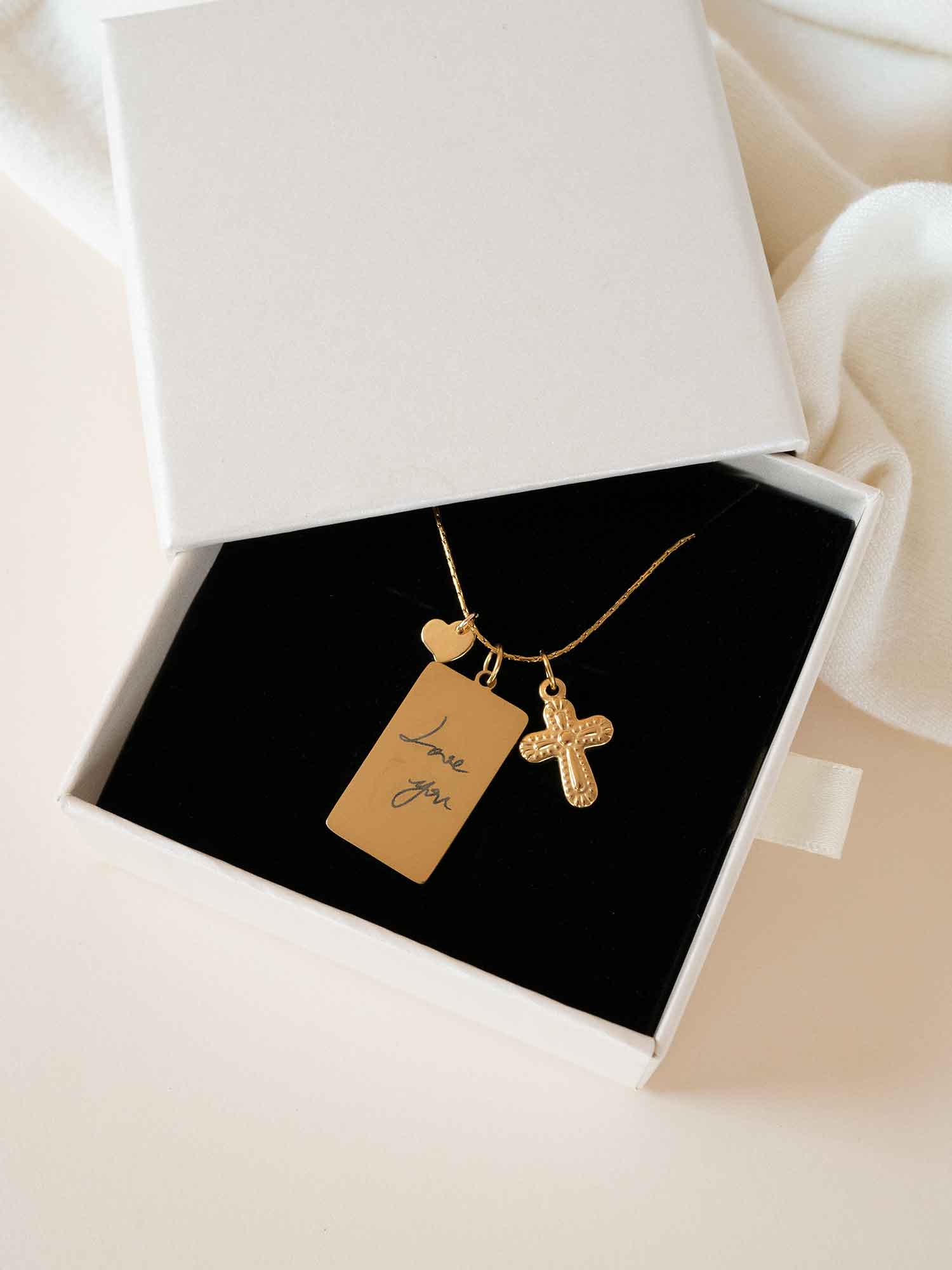 Custom Handwriting Cross Necklace with Heart Charm,Christian Jewelry Gift