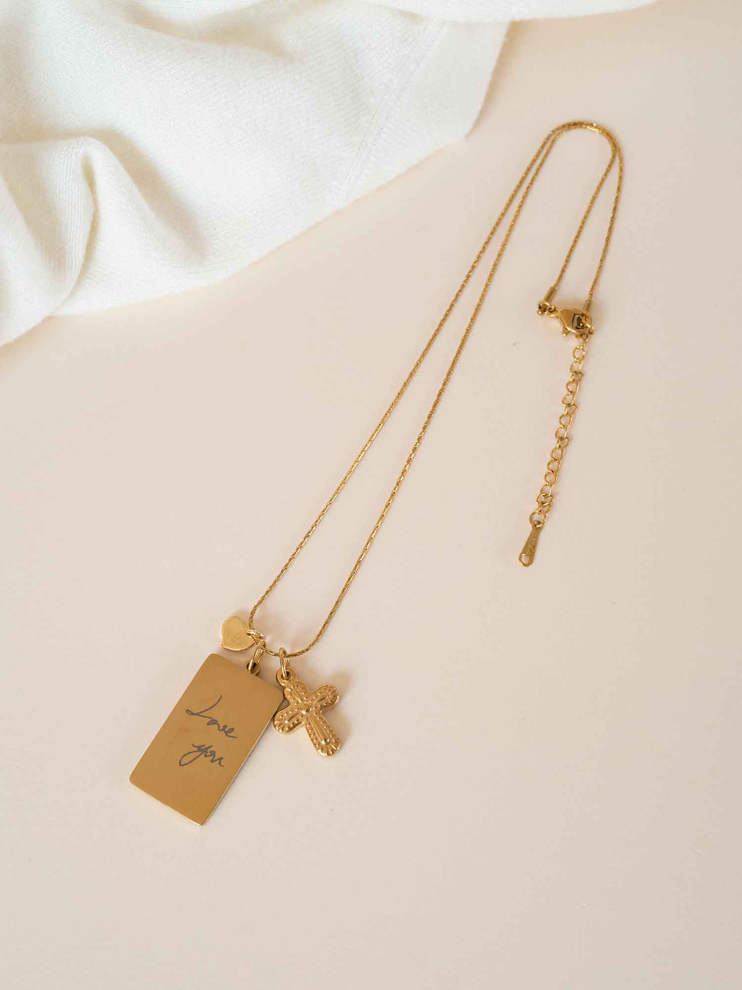 Custom Handwriting Cross Necklace with Heart Charm,Christian Jewelry Gift