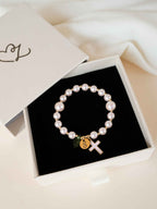 Personalized Pink Pearl Cross Bracelet, Custom Initial Charm Religious Gift, Bracelet for Baptism First Communion Confirmation