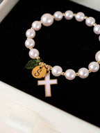 Personalized Pink Pearl Cross Bracelet, Custom Initial Charm Religious Gift, Bracelet for Baptism First Communion Confirmation