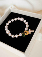 Personalized Pink Pearl Cross Bracelet, Custom Initial Charm Religious Gift, Bracelet for Baptism First Communion Confirmation