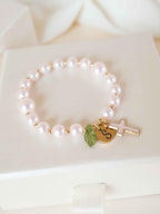 Personalized Pink Pearl Cross Bracelet, Custom Initial Charm Religious Gift, Bracelet for Baptism First Communion Confirmation