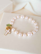 Personalized Pink Pearl Cross Bracelet, Custom Initial Charm Religious Gift, Bracelet for Baptism First Communion Confirmation