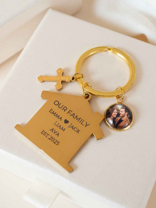Custom Family House Keychain with Photo Charm, Personalized Name Date Engraving, Religious and Home Gift