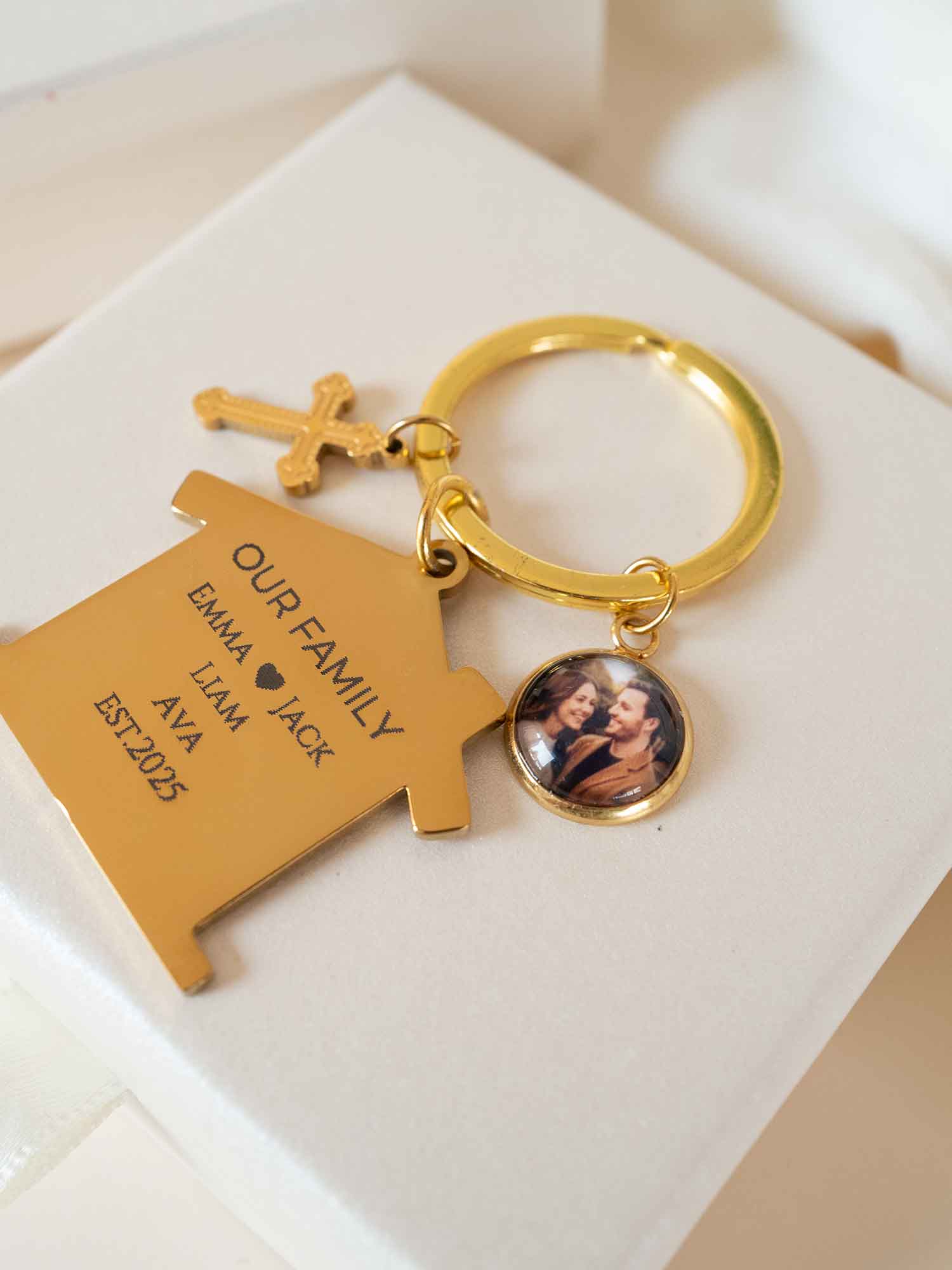 Custom Family House Keychain with Photo Charm, Personalized Name Date Engraving, Religious and Home Gift