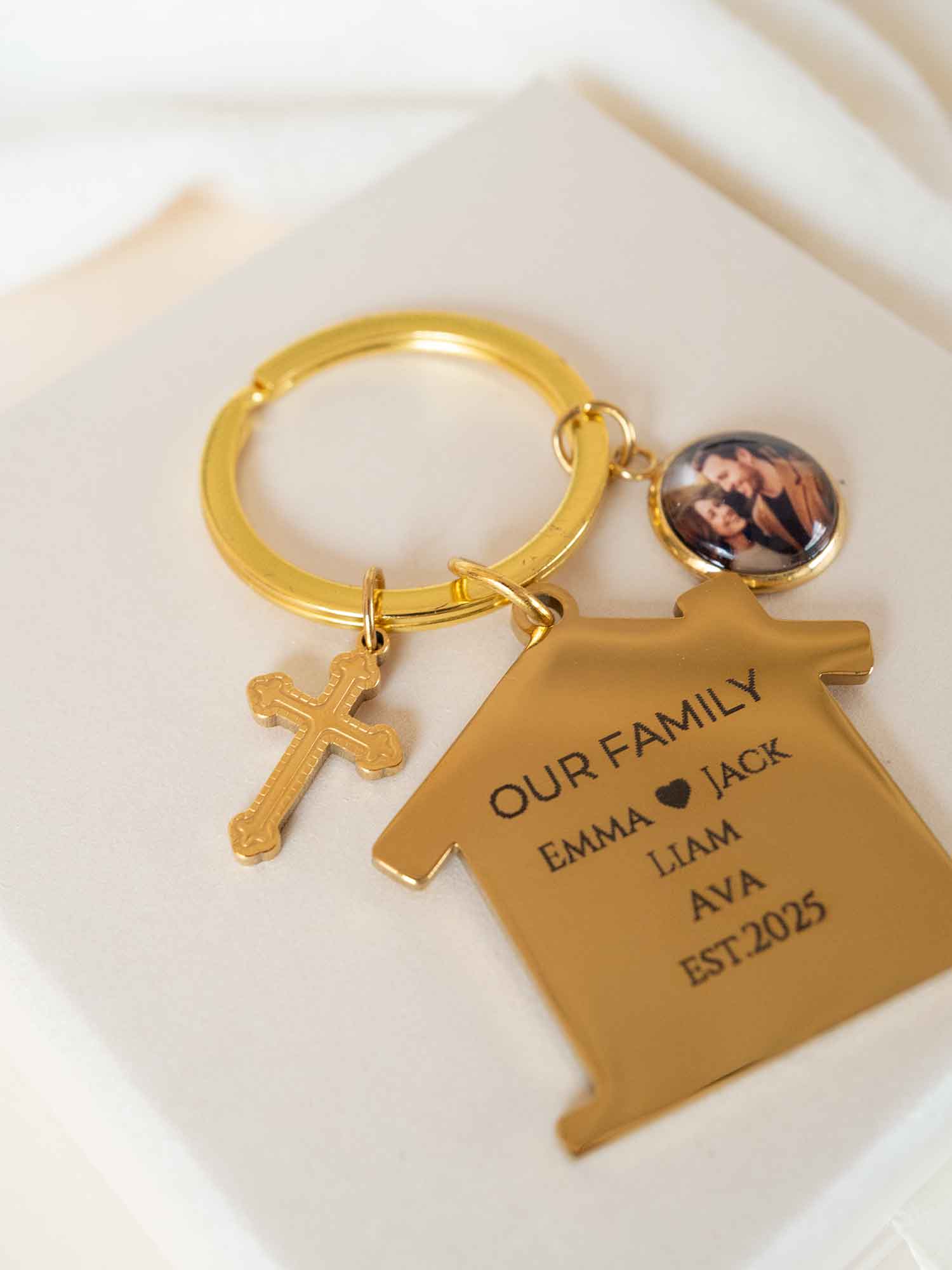 Custom Family House Keychain with Photo Charm, Personalized Name Date Engraving, Religious and Home Gift