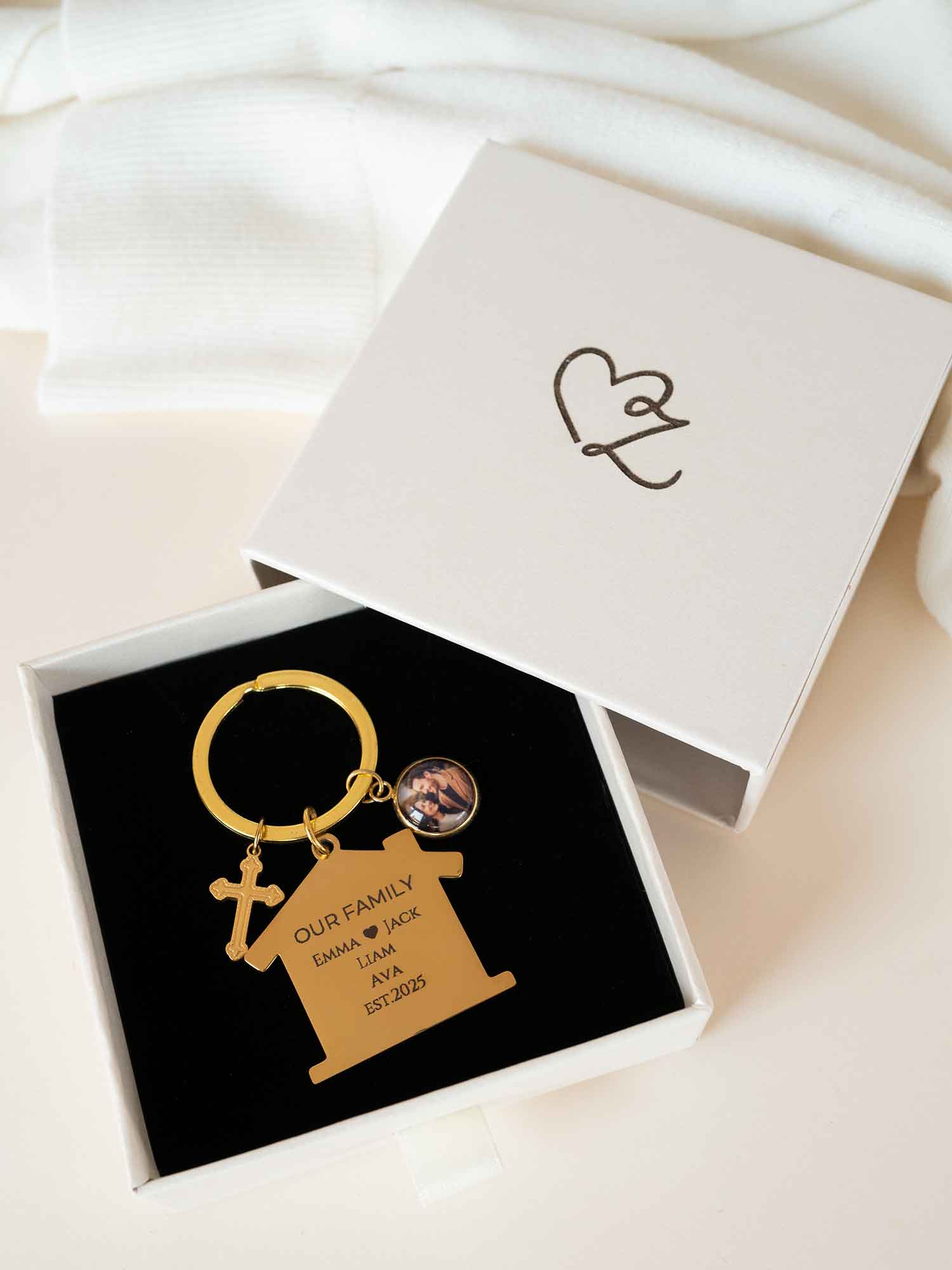 Custom Family House Keychain with Photo Charm, Personalized Name Date Engraving, Religious and Home Gift