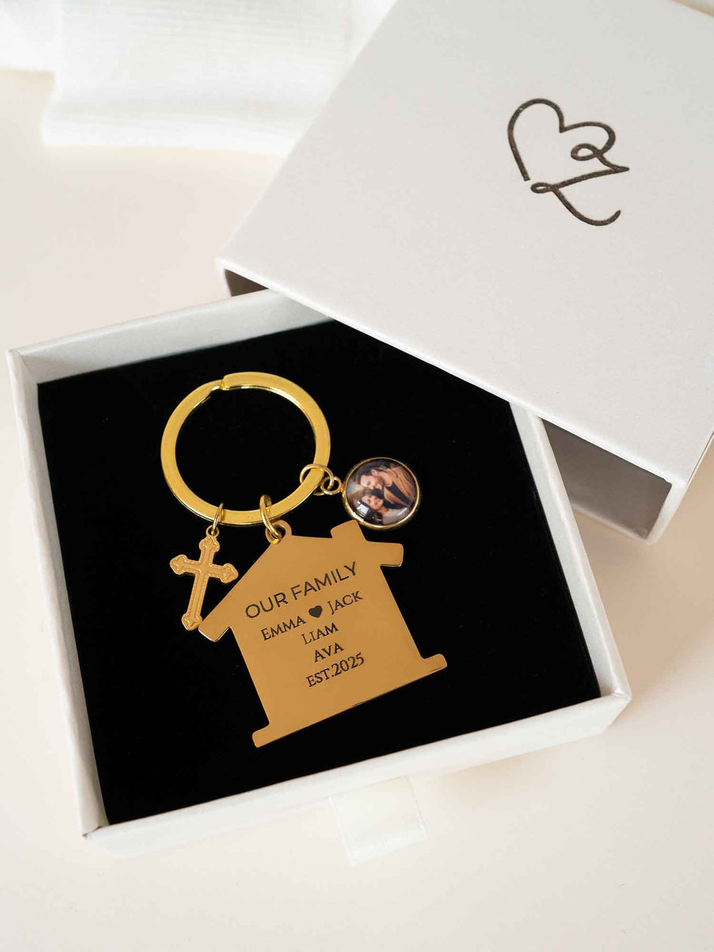 Custom Family House Keychain with Photo Charm, Personalized Name Date Engraving, Religious and Home Gift