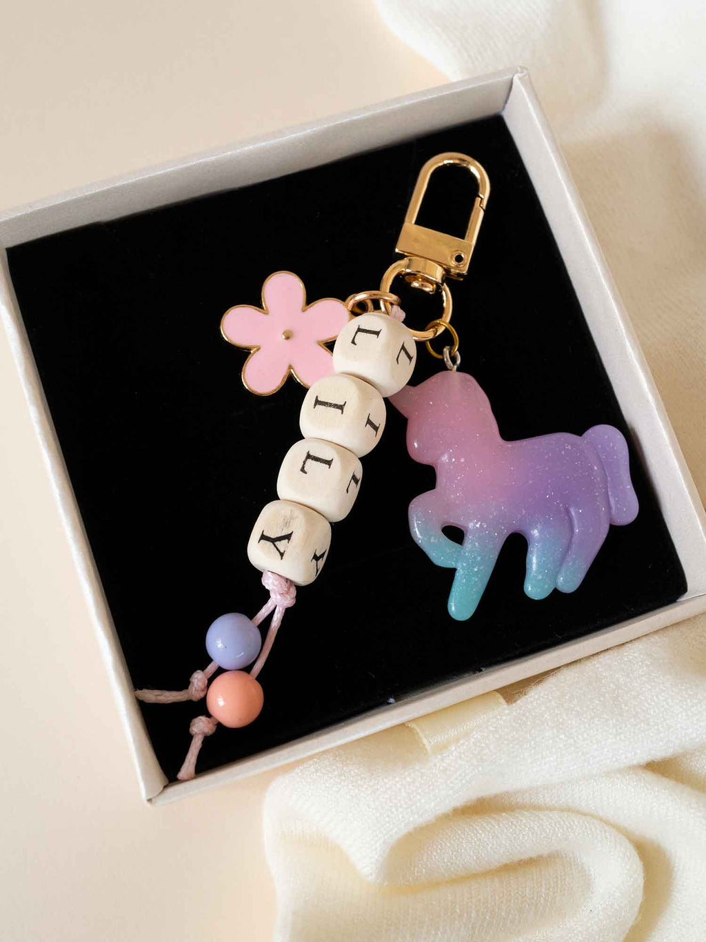 Personalized Name Bead Keychain, Rainbow Unicorn Bag Charm