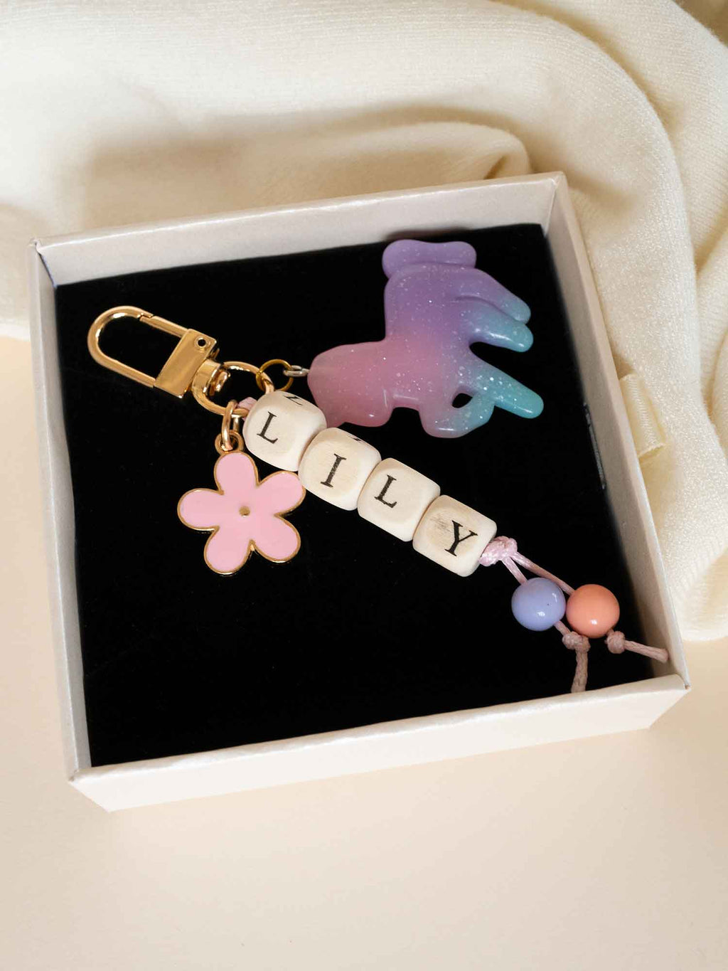 Personalized Name Bead Keychain, Rainbow Unicorn Bag Charm