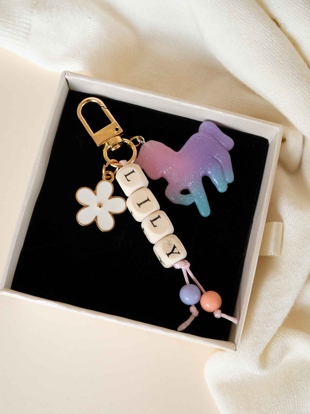 Personalized Name Bead Keychain, Rainbow Unicorn Bag Charm