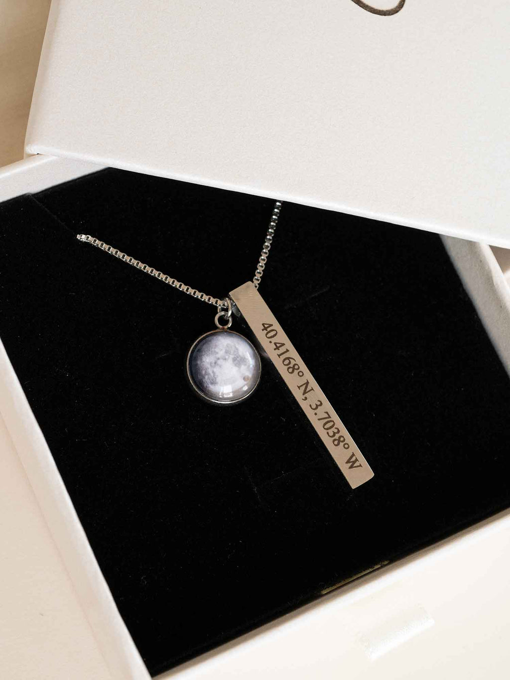 Personalized Coordinates Bar Necklace with Real Moon Phase , 4-Side Engraving