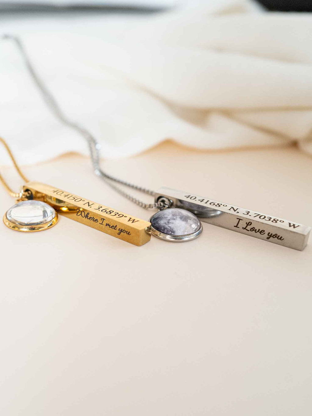 Personalized Coordinates Bar Necklace with Real Moon Phase , 4-Side Engraving