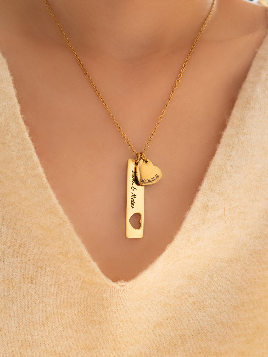 Personalized Bar and Circle Necklace Set, Custom Names Date Engraved